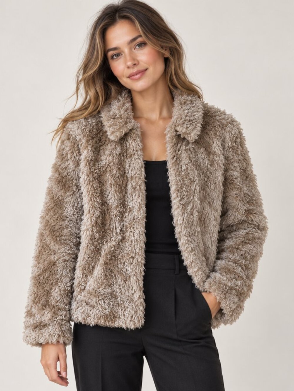 H&M Divided Beige Shaggy Faux Fur Jacket — US 4
